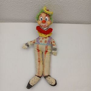 Vintage Handmade Clown Plastic Head Cloth Body Crochet Lace Unique One of a Kind